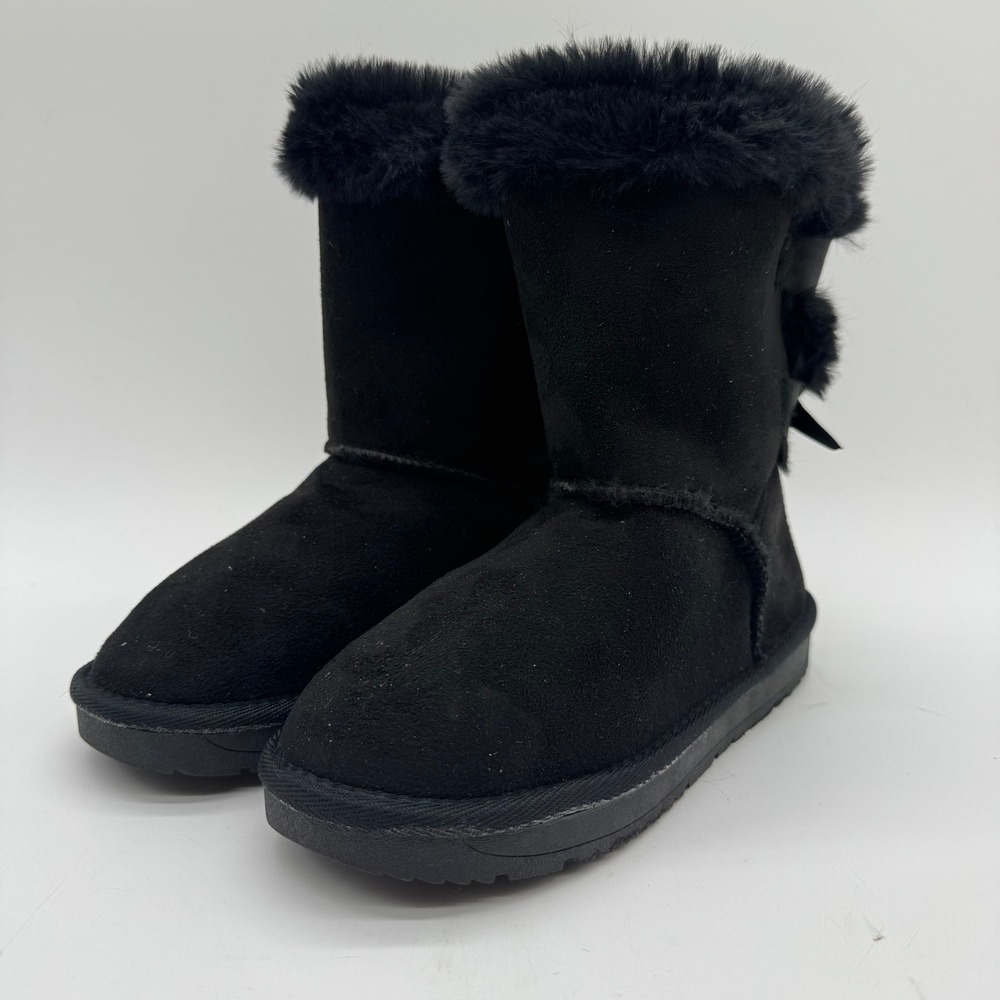 Rugged Bear Girls Black Faux Suede Fur Trim Double Bow Winter Boots Size 5